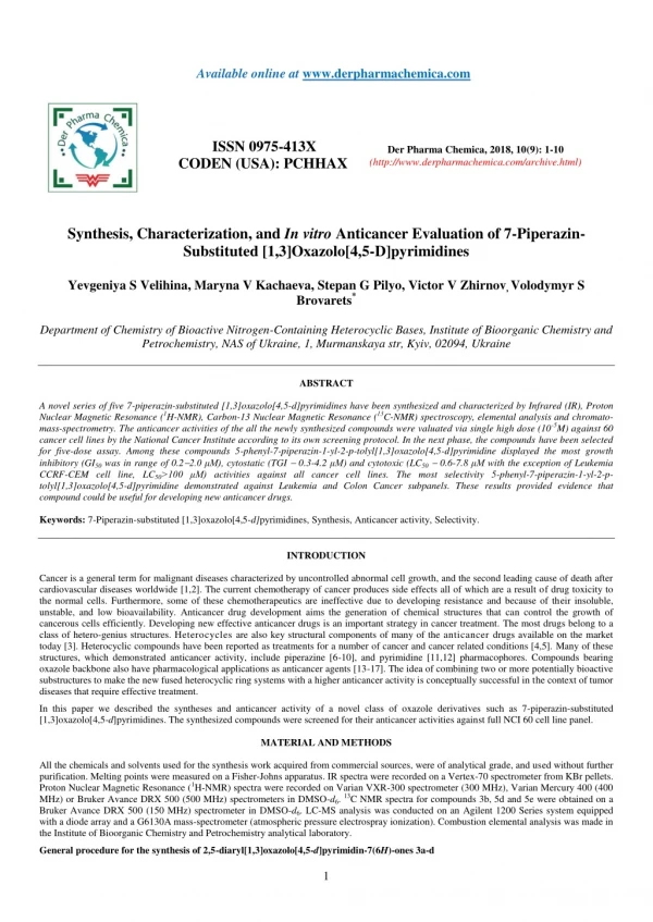 Synthesis, Characterization, and In vitro Anticancer Evaluation of 7-PiperazinSubstituted [1,3]Oxazolo[4,5-D]pyrimidines