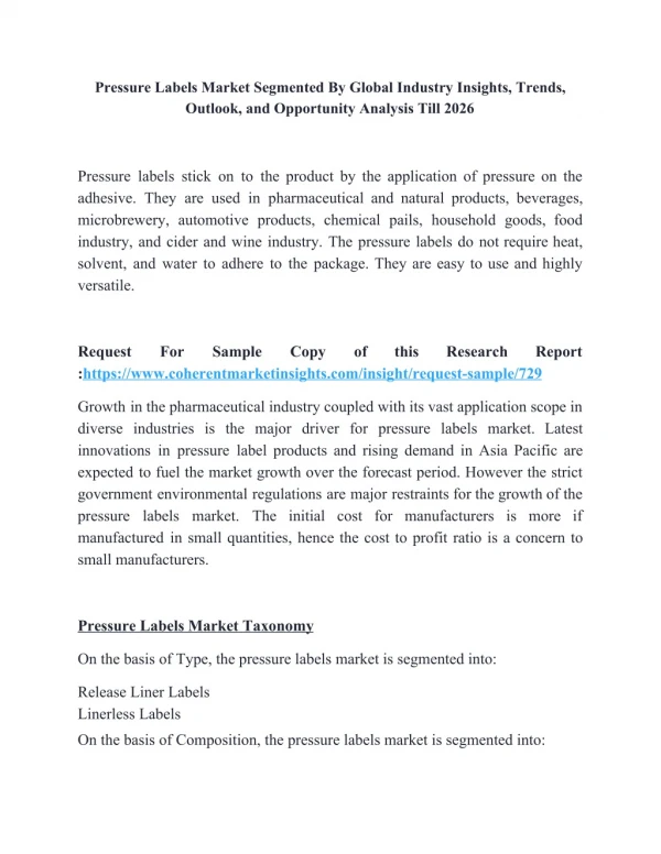 Pressure Labels Market Segmented By Global Industry Insights, Trends, Outlook, and Opportunity Analysis Till 2026