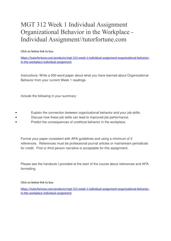 MGT 312 Week 1 Individual Assignment Organizational Behavior in the Workplace - Individual Assignment//tutorfortune.com