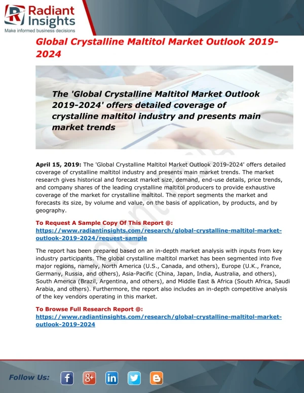 Crystalline Maltitol Market Overview by Trend, Challenges, Drivers and Applications Forecast to 2024
