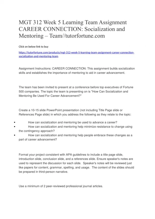 MGT 312 Week 5 Learning Team Assignment CAREER CONNECTION: Socialization and Mentoring – Team//tutorfortune.com