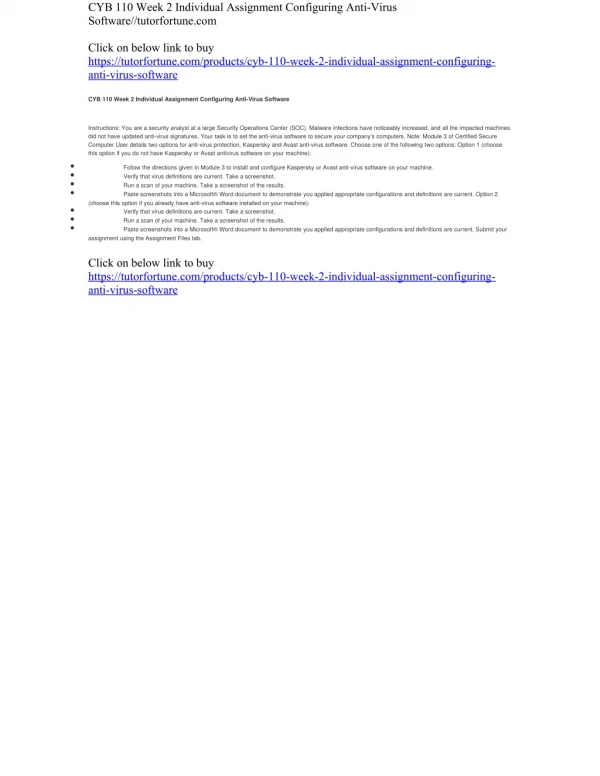 CYB 110 Week 2 Individual Assignment Configuring Anti-Virus Software//tutorfortune.com