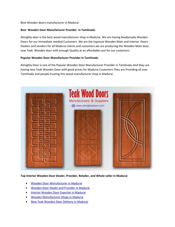 Best Wooden doors manufacturer in Madurai