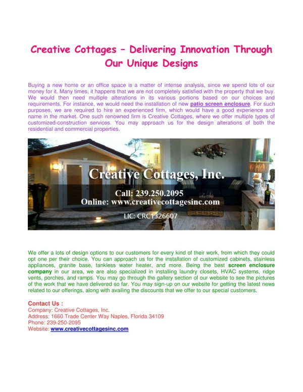 Creative Cottages – Delivering Innovation Through Our Unique Designs
