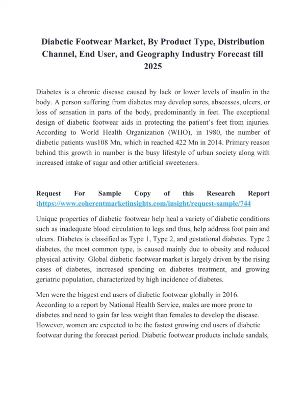 Diabetic Footwear Market, By Product Type, Distribution Channel, End User, and Geography Industry Forecast till 2025