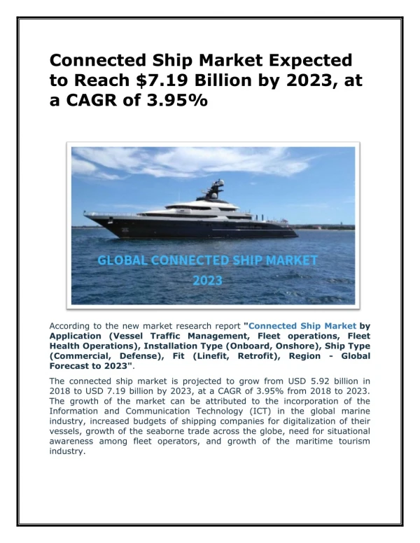 Connected Ship Market Expected to Reach $7.19 Billion by 2023, at a CAGR of 3.95%