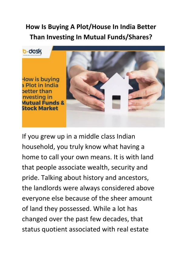 How Is Buying A Plot/House In India Better Than Investing In Mutual Funds/Shares?