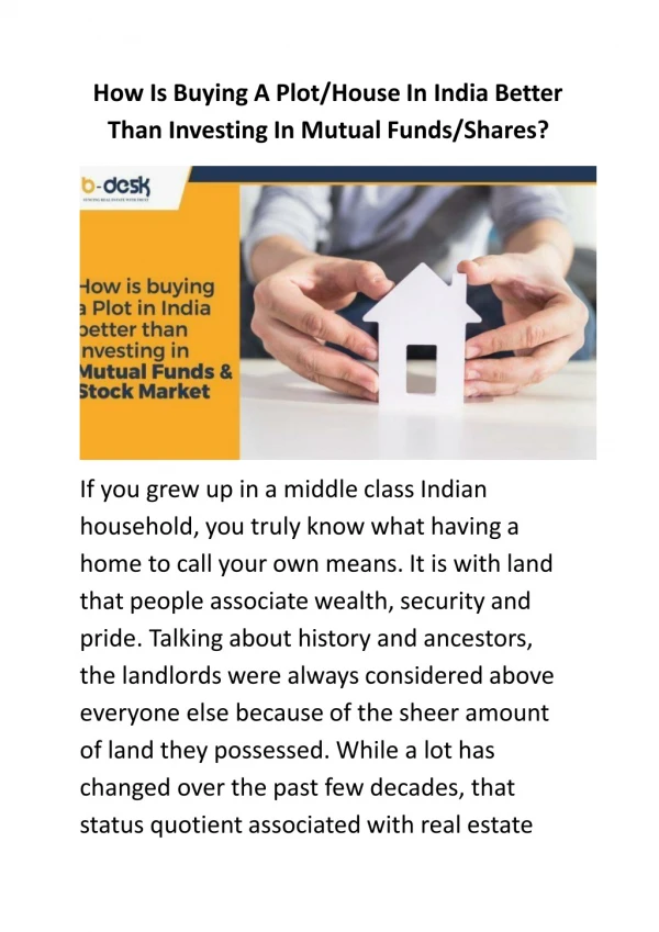 How Is Buying A Plot/House In India Better Than Investing In Mutual Funds/Shares?