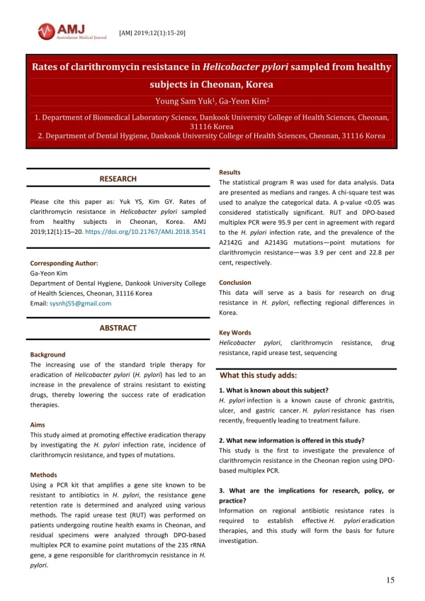 Rates of clarithromycin resistance in Helicobacter pylori sampled from healthy subjects in Cheonan, Korea