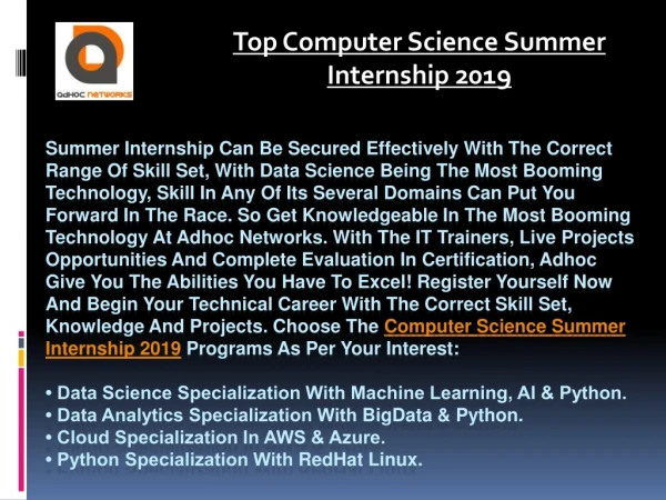 Top Computer Science Summer Internship 2019