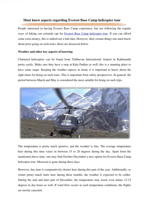 Must know aspects regarding Everest Base Camp helicopter tour
