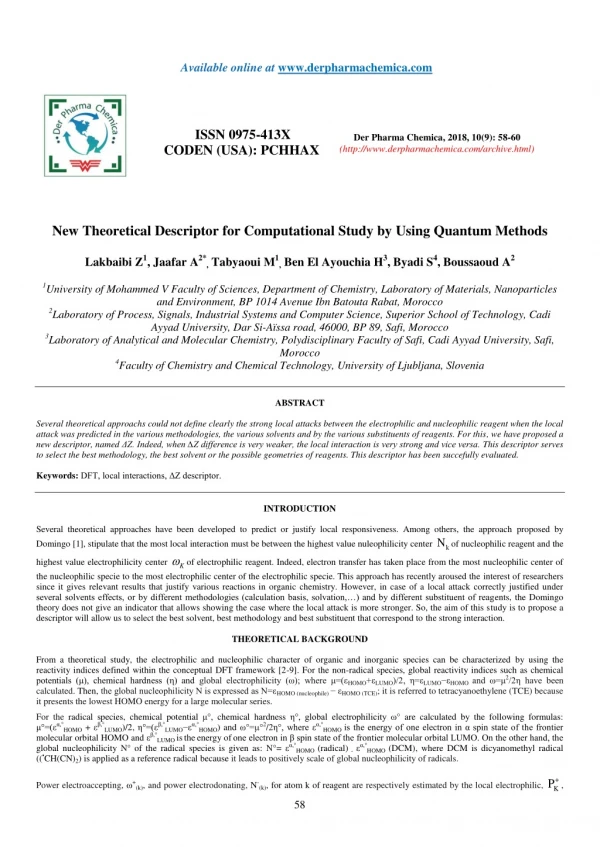 New Theoretical Descriptor for Computational Study by Using Quantum Methods
