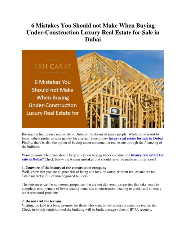 6 Mistakes You Should not Make When Buying Under-Construction Luxury Real Estate for Sale in Dubai