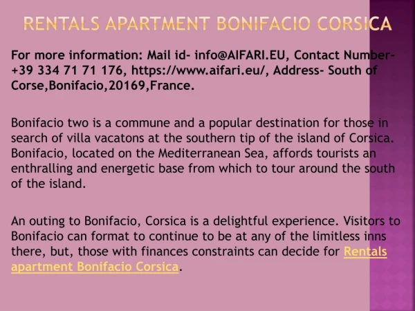 Rentals apartment Bonifacio Corsica