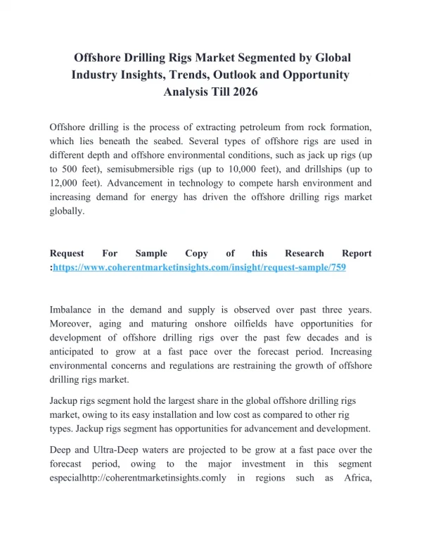 Offshore Drilling Rigs Market Segmented by Global Industry Insights, Trends, Outlook and Opportunity Analysis Till 2026