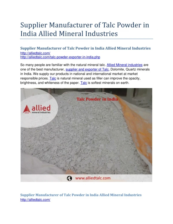 Supplier Manufacturer of Talc Powder in India Allied Mineral Industries