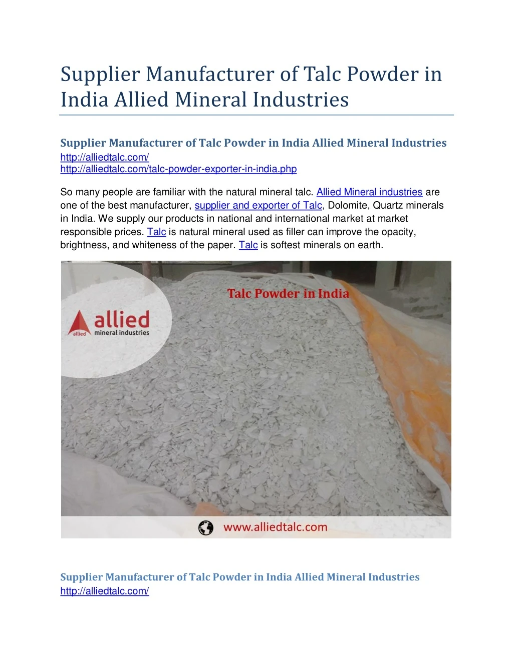 supplier manufacturer of talc powder in india