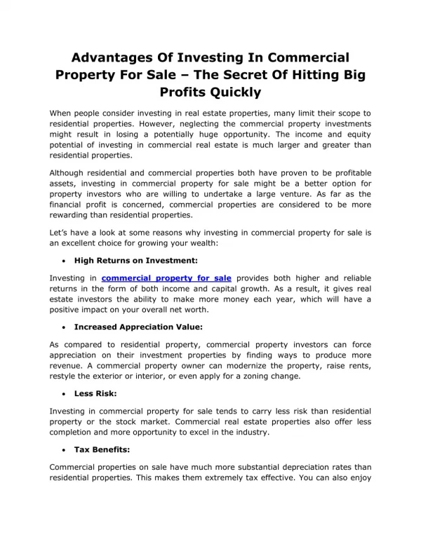 Advantages Of Investing In Commercial Property For Sale – The Secret Of Hitting Big Profits Quickly