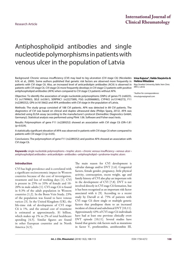 Antiphospholipid antibodies and single nucleotide polymorphisms in patients with venous ulcer in the population of Latvi