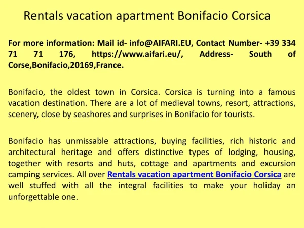Rentals vacation apartment Bonifacio Corsica