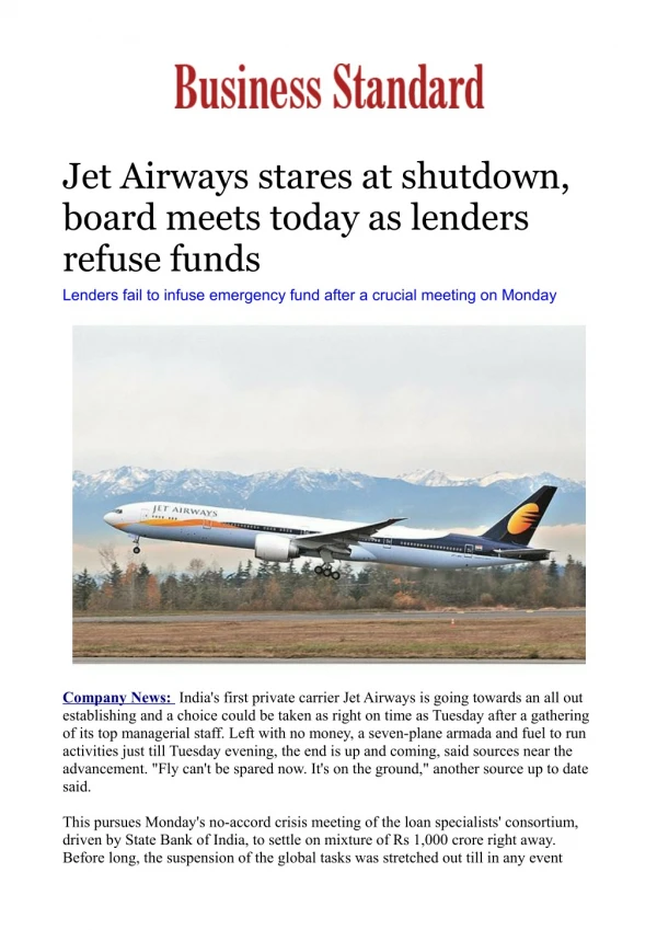 Jet Airways stares at shutdown, board meets today as lenders refuse funds