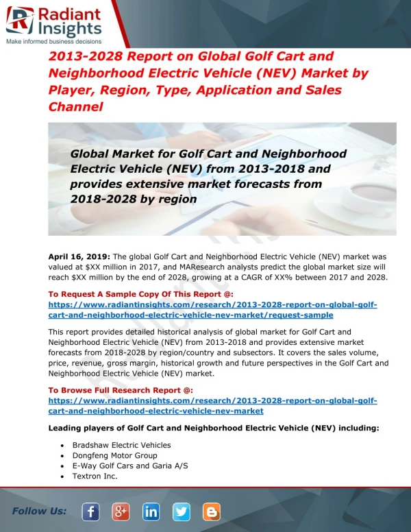 Global Golf Cart and Neighborhood Electric Vehicle (NEV) Market 2018 to 2028 with Strategic Trends Growth, Revenue:Radia