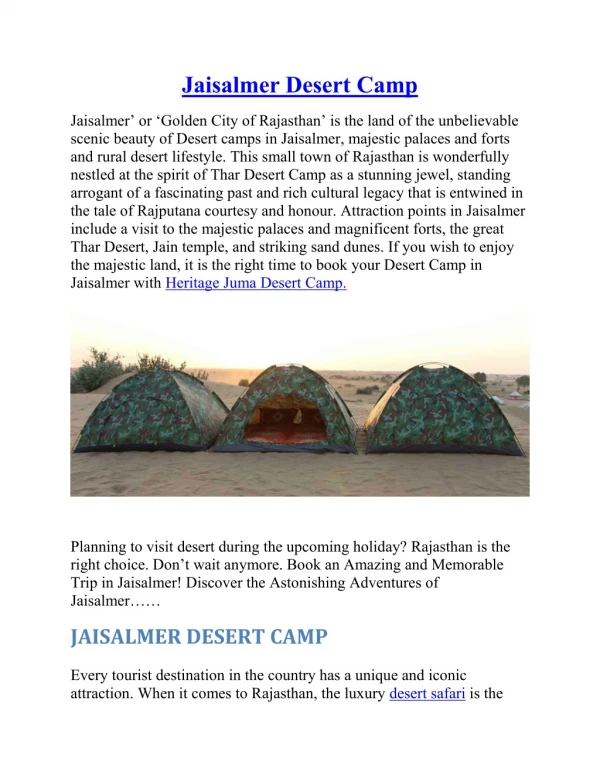 Jaisalmer Desert Camp, Desert Safari Camp | In Jaisalmer