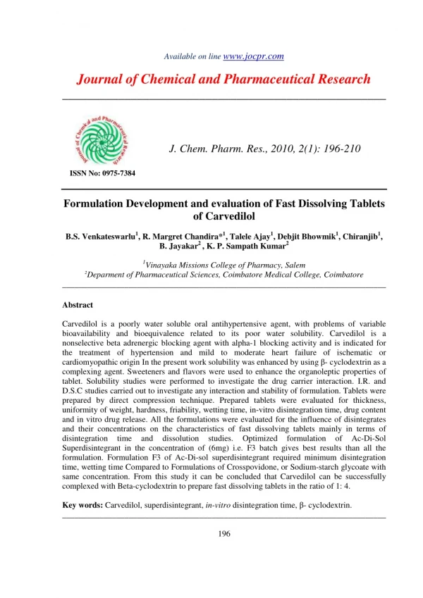 Formulation Development and evaluation of Fast Dissolving Tablets of Carvedilol
