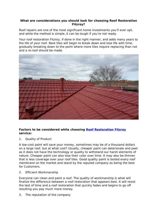 What are considerations you should look for choosing Roof Restoration Fitzroy?