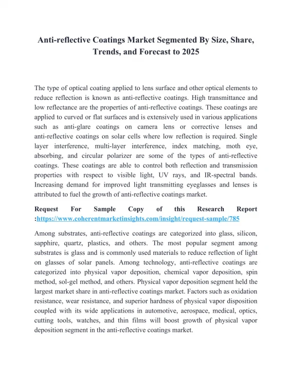 Anti-reflective Coatings Market Segmented By Size, Share, Trends, and Forecast to 2025