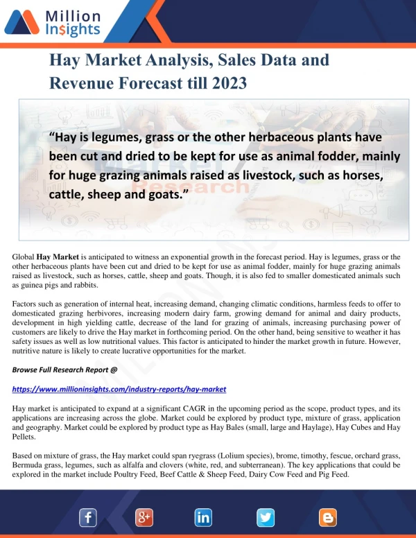 Hay Market Analysis, Sales Data and Revenue Forecast till 2023
