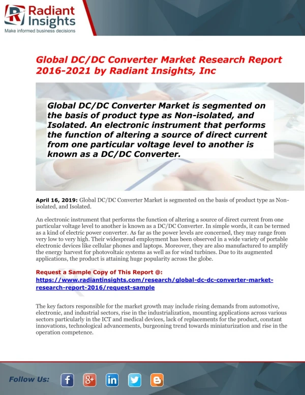DC/DC Converter Market Global Insights, Future Trend & Forecast 2016 to 2021