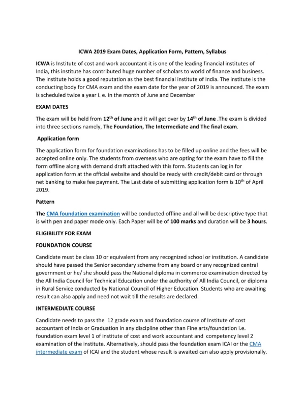 CMA Exam Date, Syllabus and Pattern