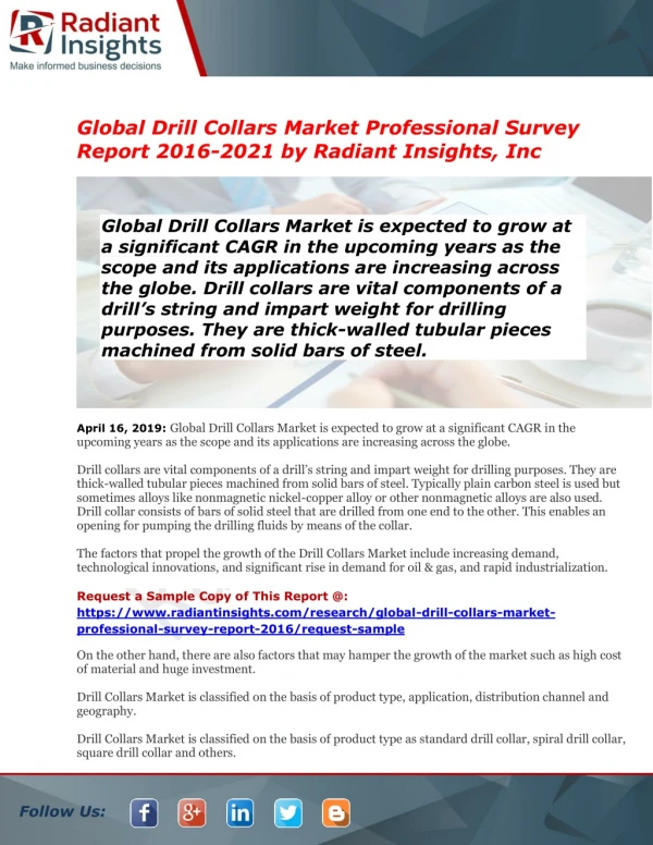 Drill Collars Market By Leading players, Region, Type And Application, Forecast To 2021