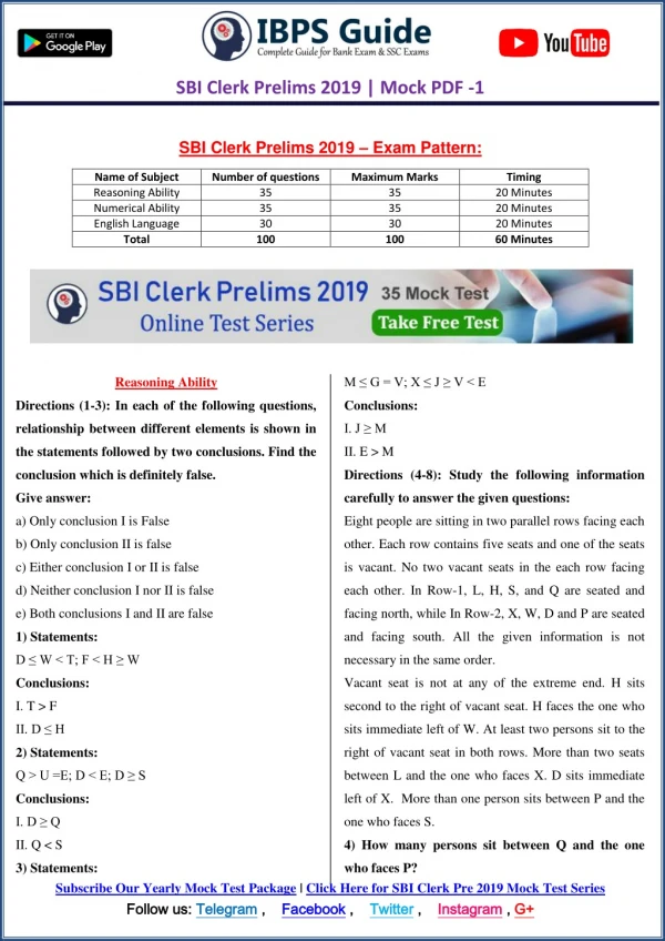 SBI Clerk Prelims Mock Test 2019
