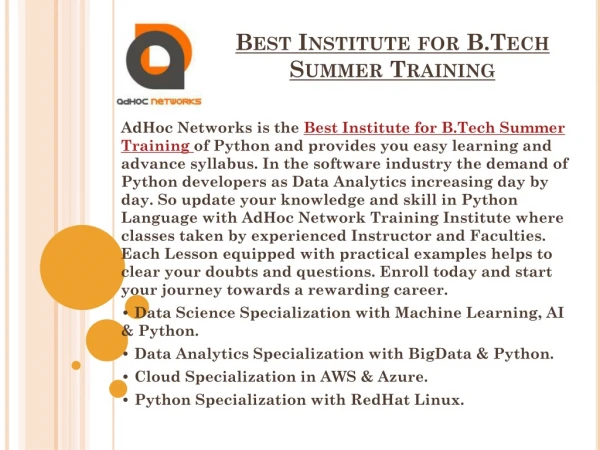 Best Institute for B.Tech Summer Training 2019
