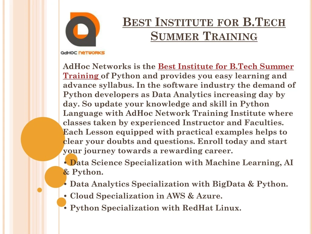 best institute for b tech summer training