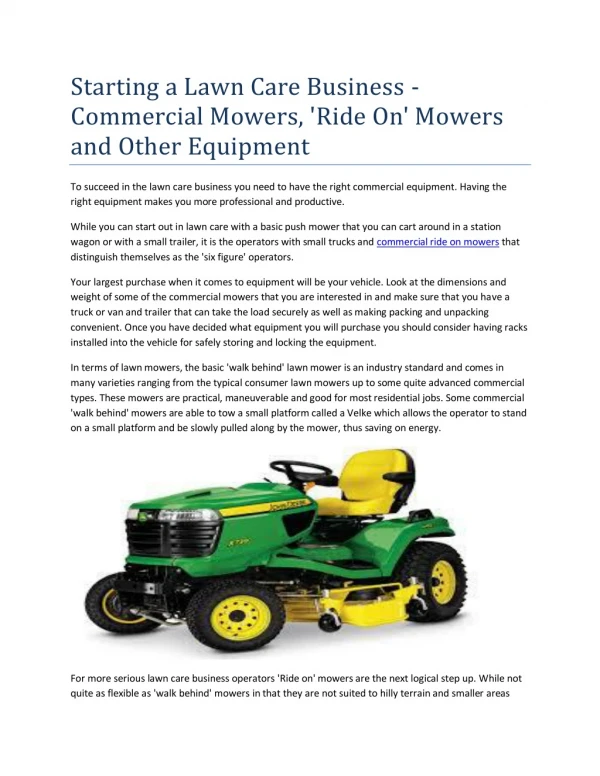 Starting a Lawn Care Business - Commercial Mowers, 'Ride On' Mowers and Other Equipment