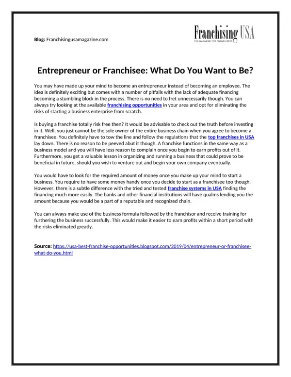 Entrepreneur Or Franchisee: What Do You Want To Be?