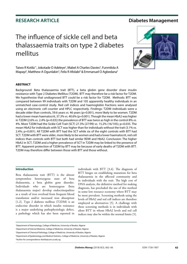 The influence of sickle cell and beta thalassaemia traits on type 2 diabetes mellitus