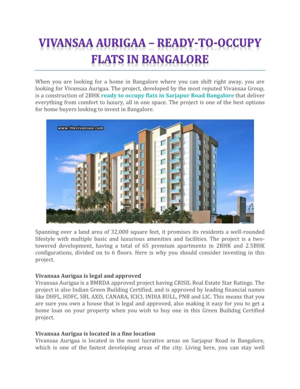 Vivansaa Aurigaa – Ready-To-Occupy Flats In Bangalore