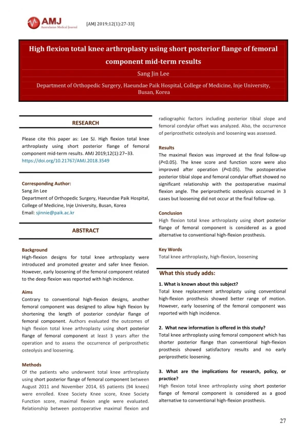 High flexion total knee arthroplasty using short posterior flange of femoral component mid-term results