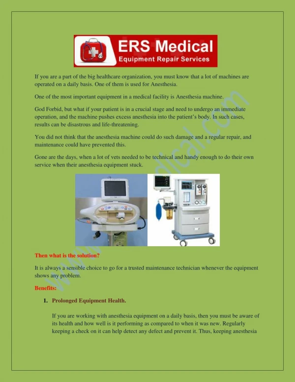 Readymade Anaesthesia Repair and Maintenance Medical Equipment Service to Achieve Milestones