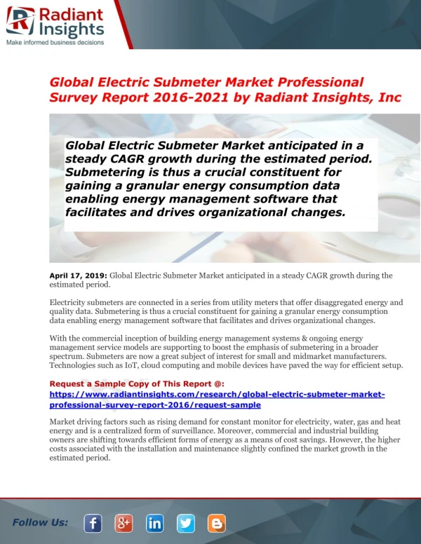 Electric Submeter Market Size | Status | Top Players | Trends and Forecast to 2021