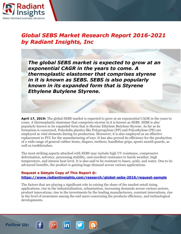 SEBS Market Size, Share, Growth, Strategies, Trends, Analysis and Forecast 2016 to 2021