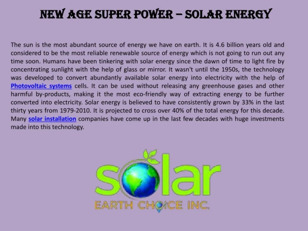 New Age Super Power – Solar Energy