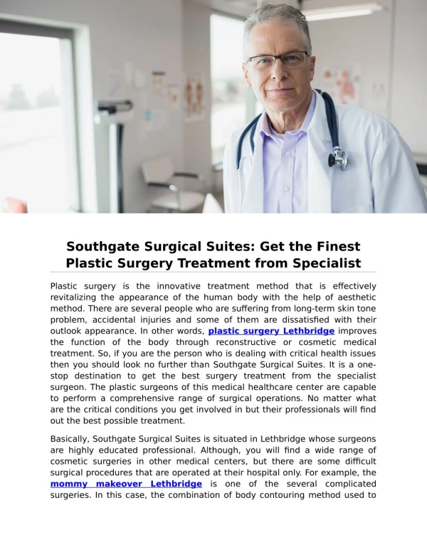 Southgate Surgical Suites: Get the Finest Plastic Surgery Treatment from Specialist