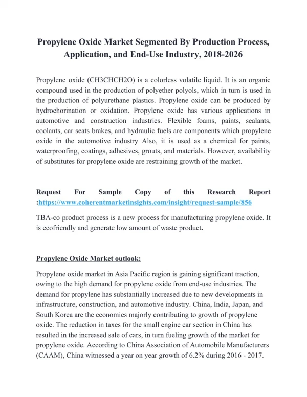 Propylene Oxide Market Segmented By Production Process, Application, and End-Use Industry, 2018-2026