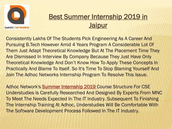 Best Summer Internship 2019 in Jaipur