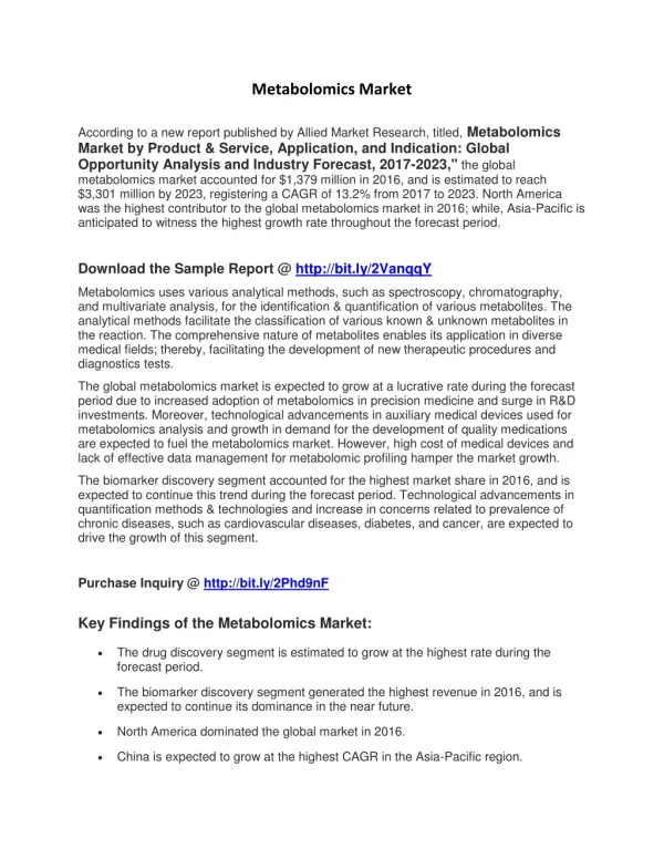 Metabolomics Market Expected to Reach $3,301 Million by 2023